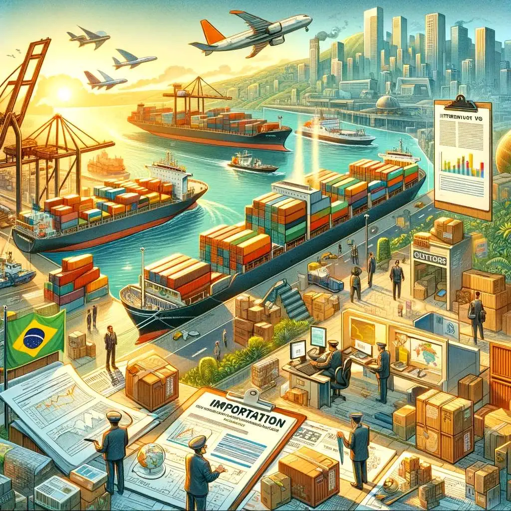 Ilustração detalhada do processo de importação no Brasil, mostrando portos, alfândega e documentação