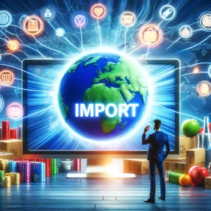Profissional apresentando marca de importação global bem-sucedida com globo e produtos destacados.