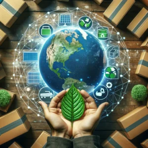 Globo com produtos recicláveis e energia renovável simbolizando importação sustentável.