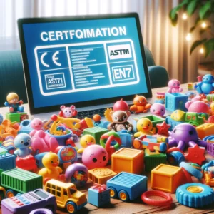 Brinquedos com certificações de segurança e regulamentações ao fundo.
