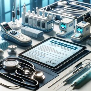 Profissional de saúde revisando equipamentos médicos importados com regulamentações ao fundo.