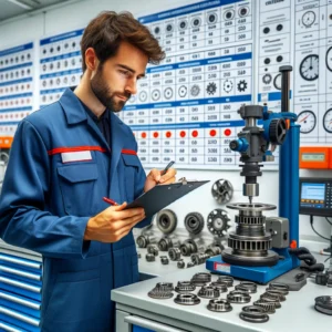 Engenheiro automotivo verificando a conformidade de componentes de veículos