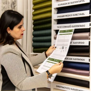 Designer de moda examinando tecidos sustentáveis com certificação