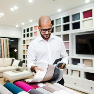 Designer de interiores analisando amostras em um showroom