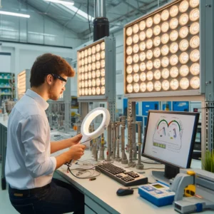 Engenheiro testando lâmpadas LED conforme normas INMETRO