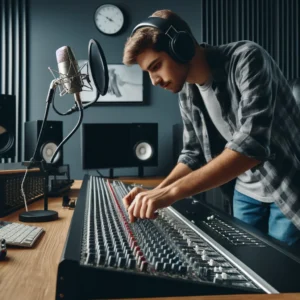 Técnico ajustando equipamentos de áudio profissional em estúdio