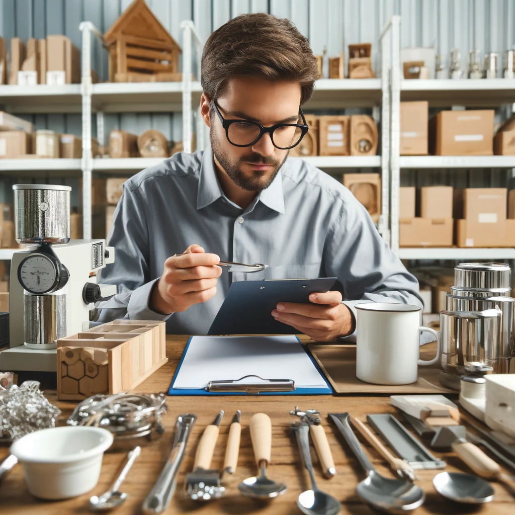 Inspetor verificando a conformidade de utensílios domésticos