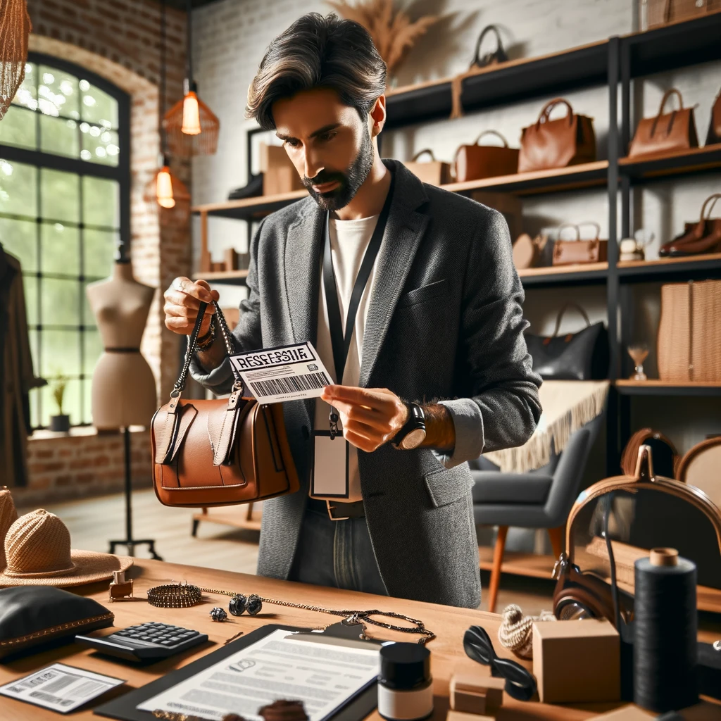 Designer de moda analisando a conformidade de acessórios em um showroom