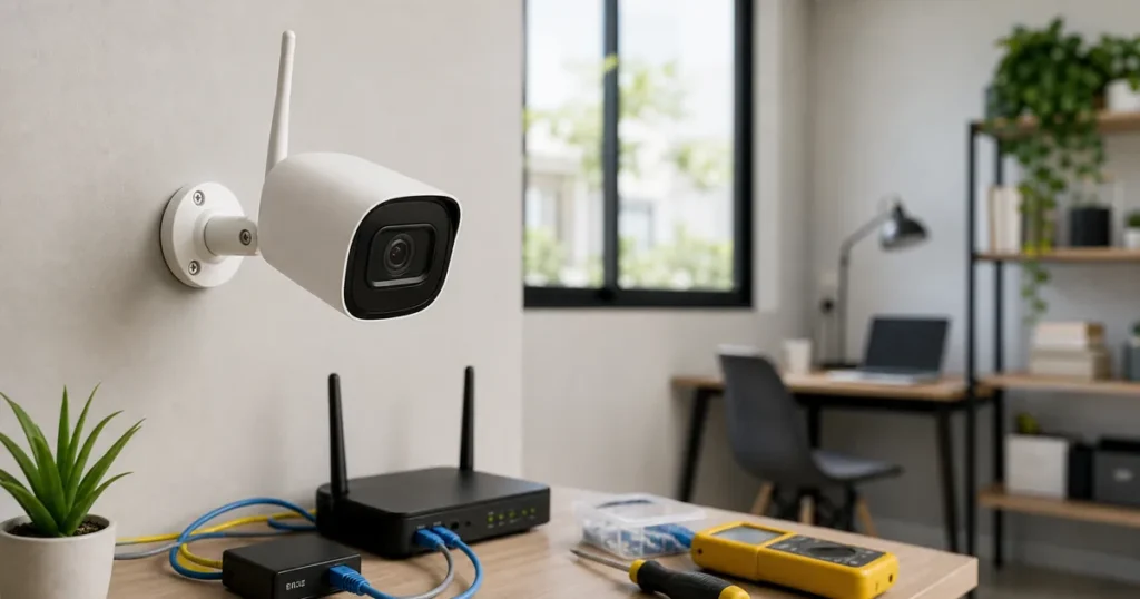 Câmera IP instalada em ambiente interno com roteador e instrumentos para avaliação técnica da ANATEL