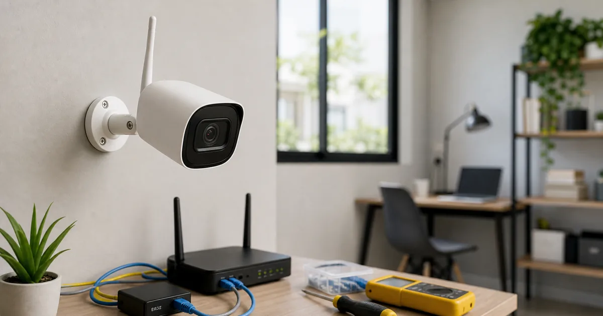 Câmera IP instalada em ambiente interno com roteador e instrumentos para avaliação técnica da ANATEL