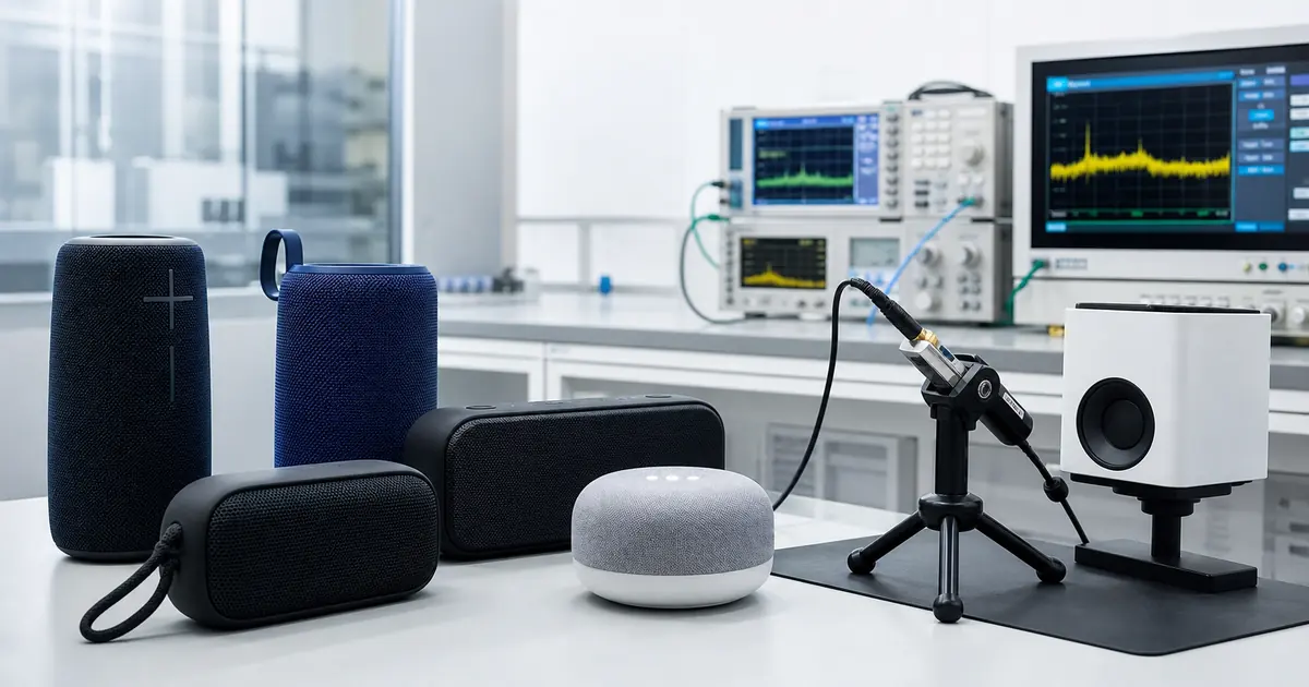 Caixas de som Bluetooth e smart speakers em laboratório de ensaios ANATEL