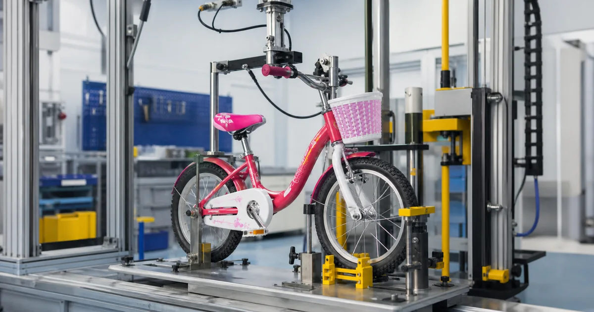 Bicicleta infantil genérica em equipamento de teste de segurança