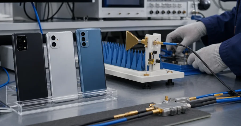 Smartphones genericos ao lado de antena e cabos em bancada de testes sem fio