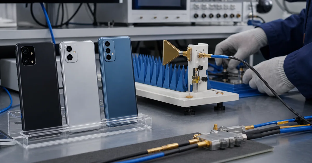 Smartphones genericos ao lado de antena e cabos em bancada de testes sem fio