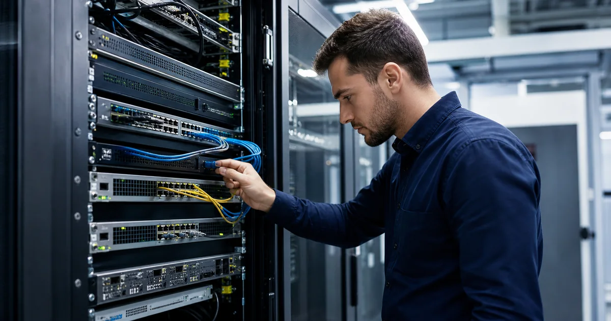 Especialista analisa equipamentos de rede em data center