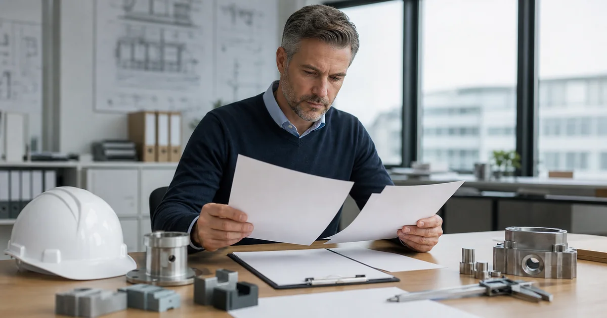 Engenheiro analisando amostras e documentos técnicos em bancada