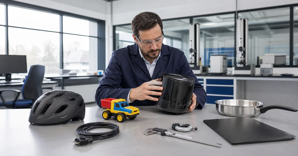 Engenheiro examina eletrodomestico capacete brinquedo cabo e panela