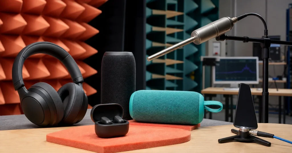 Fones de ouvido e caixas de som portateis diante de microfone e antena de medicao