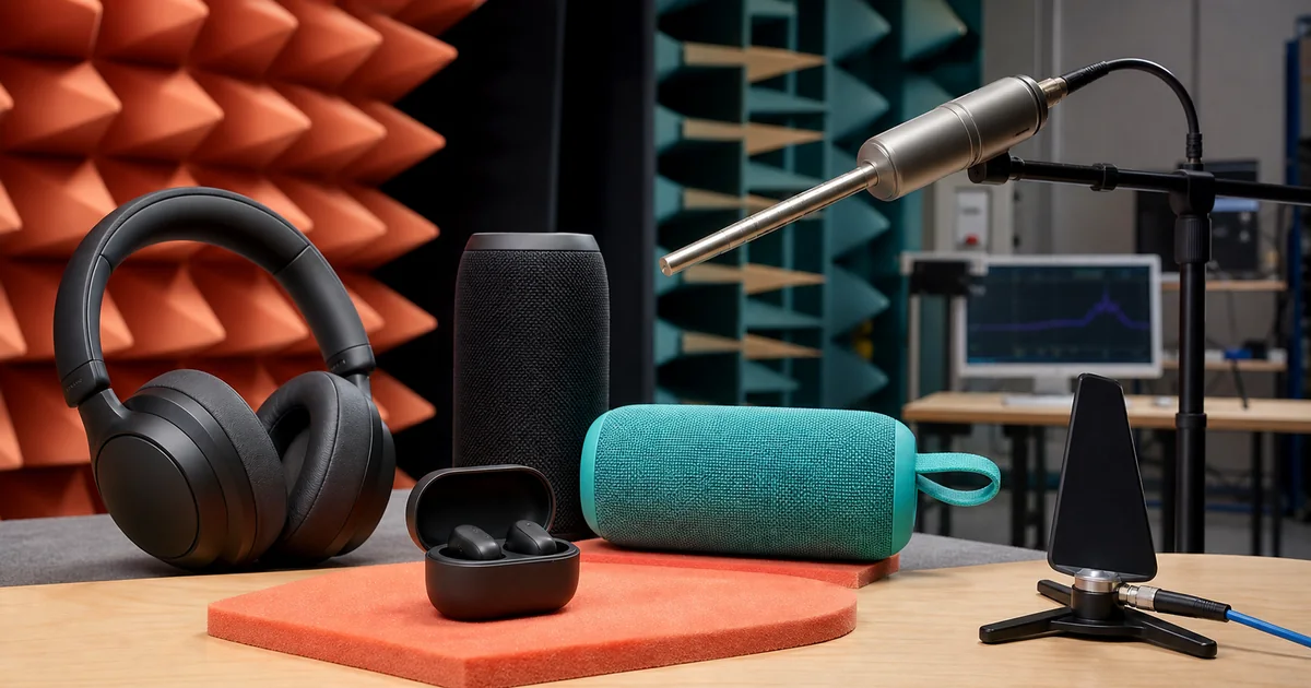 Fones de ouvido e caixas de som portateis diante de microfone e antena de medicao