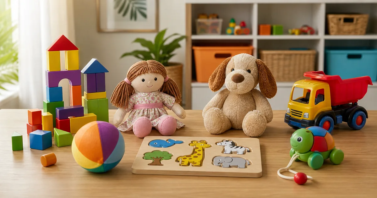 Blocos boneca carrinho quebra cabeca e bola organizados em mesa de brinquedos