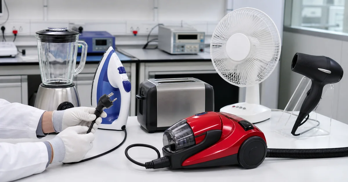 Conjunto de eletrodomesticos com cabo eletrico inspecionado em bancada tecnica