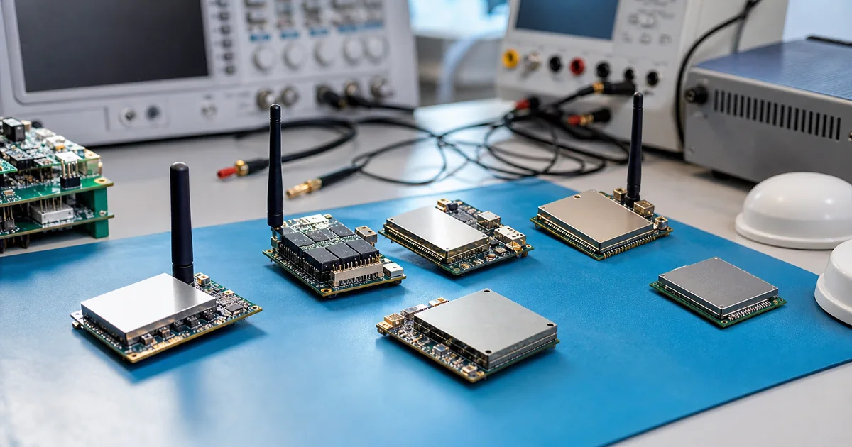Módulos eletrônicos IoT em bancada de engenharia