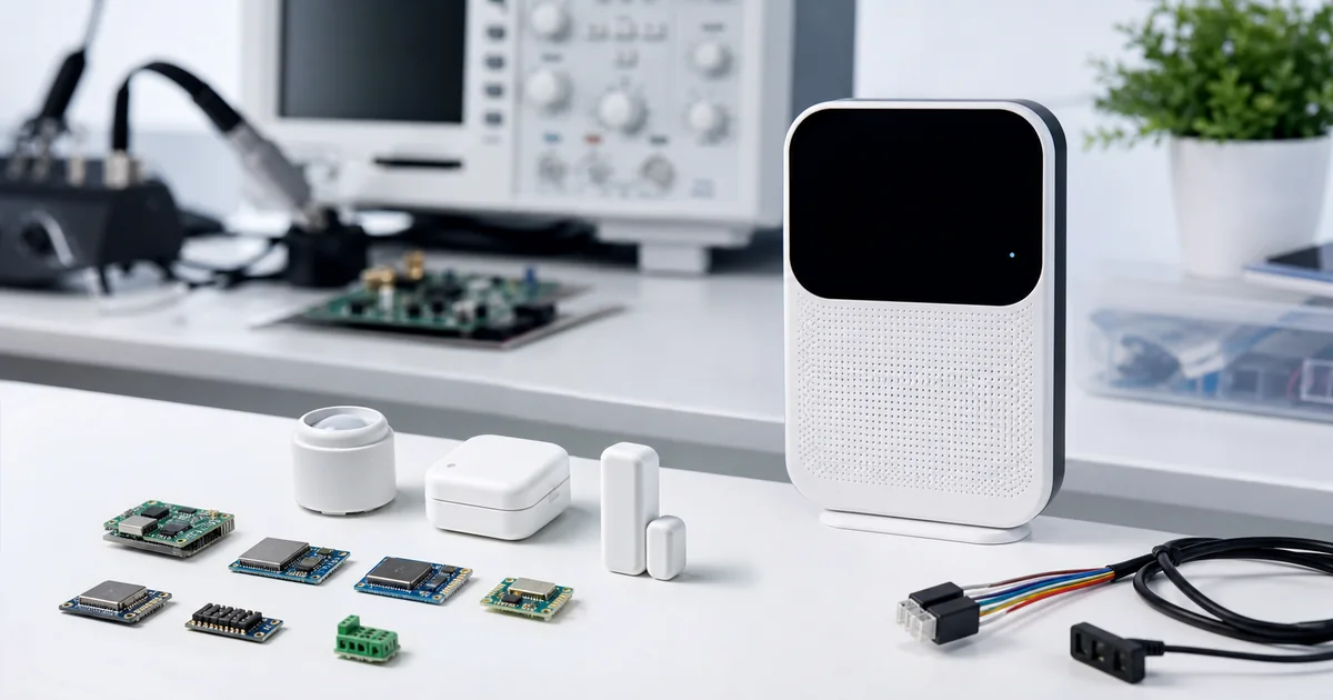 Módulos IoT e sensores organizados em bancada técnica