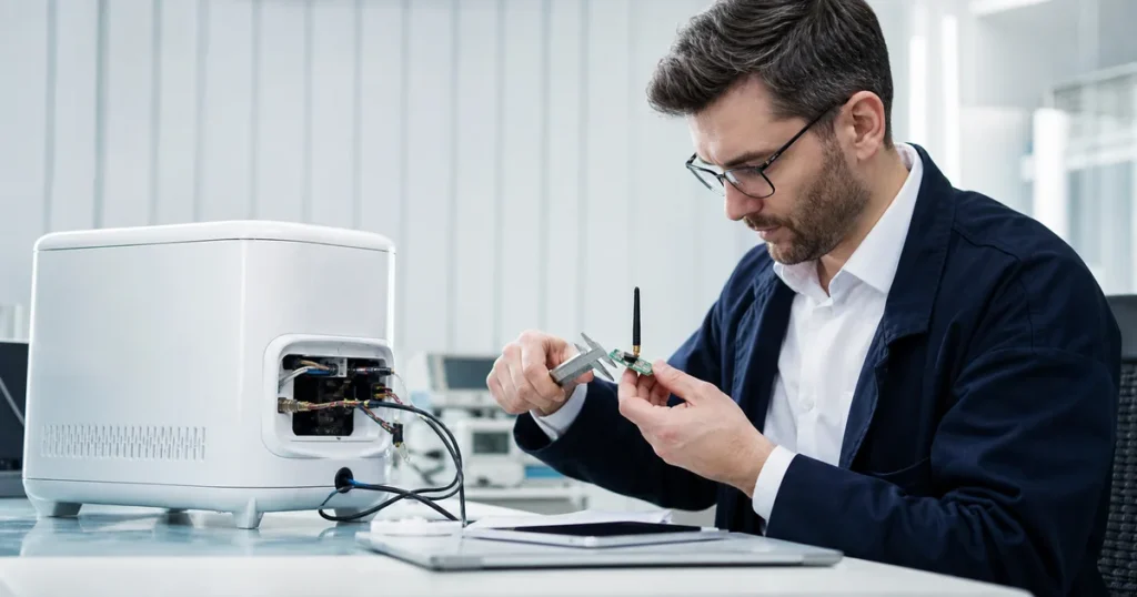 Engenheiro examina módulo IoT em laboratório técnico
