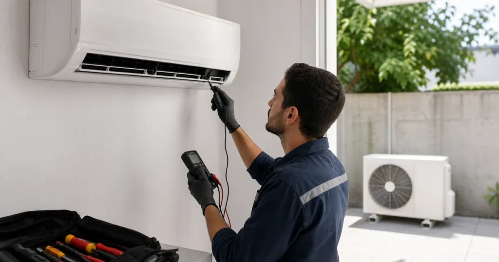 Tecnico mede o fluxo de ar de um aparelho split inverter em ambiente de testes