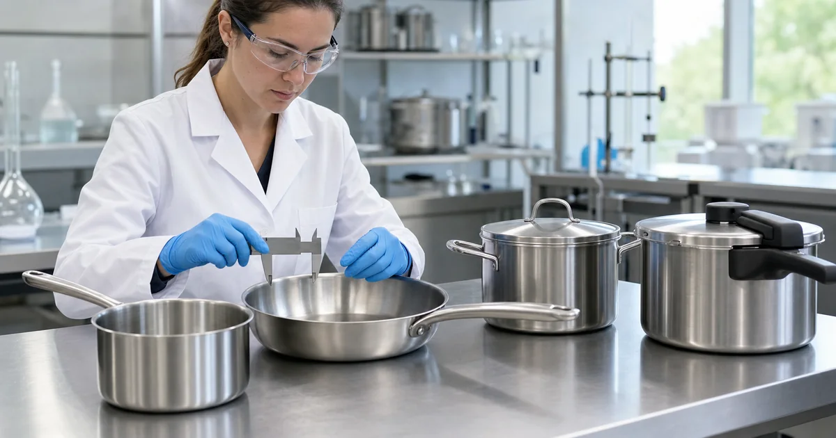 Panelas metalicas e panela de pressao passam por medicao de materiais em bancada de laboratorio