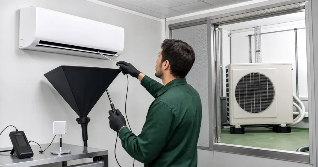 Tecnico mede fluxo de ar em sistema split instalado em camara de ensaio