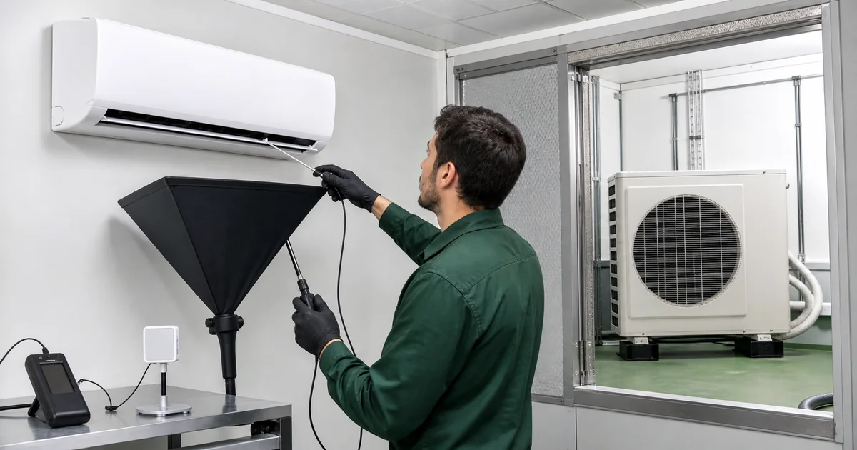 Tecnico mede fluxo de ar em sistema split instalado em camara de ensaio
