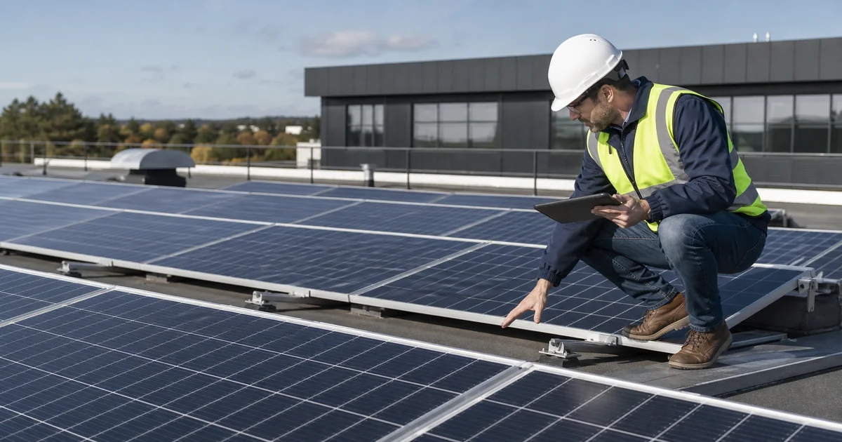 Tecnico verifica paineis solares em cobertura comercial