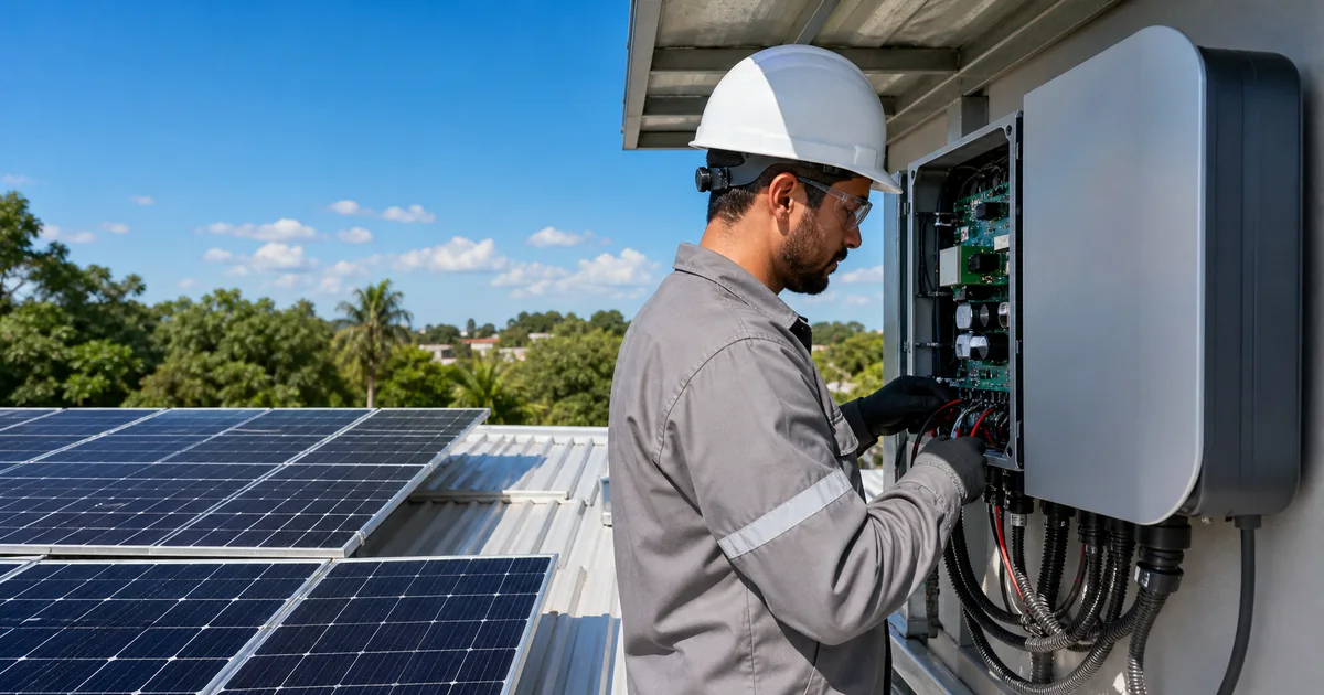 Engenheiro verifica conexoes de inversor junto a paineis fotovoltaicos em telhado