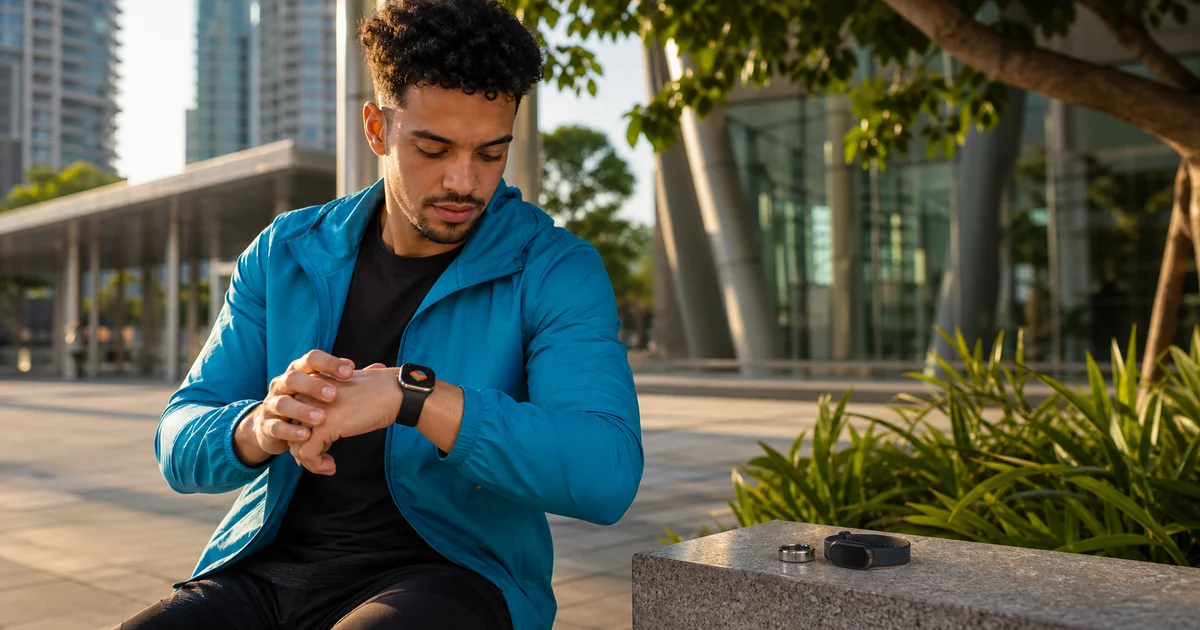 Pessoa consultando um smartwatch com outros dispositivos wearables sobre um banco