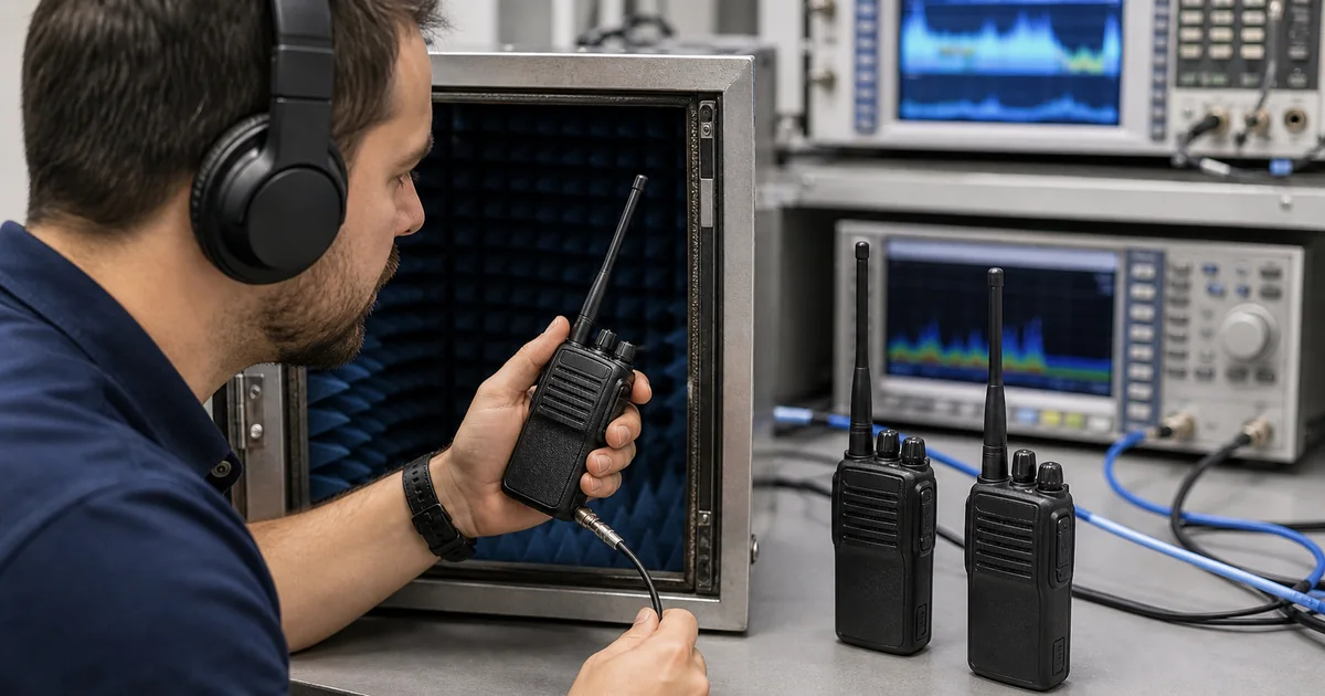 Engenheiro testa radios comunicadores em camara blindada de radiofrequencia
