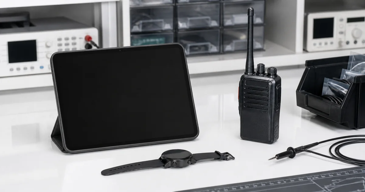 Tablet, smartwatch e rádio comunicador em bancada de testes