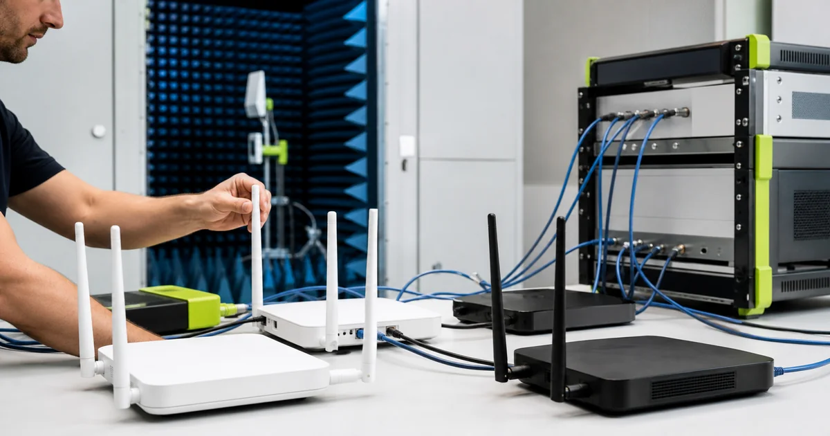 Roteadores com antenas conectados a equipamentos de teste em laboratorio de radiofrequencia