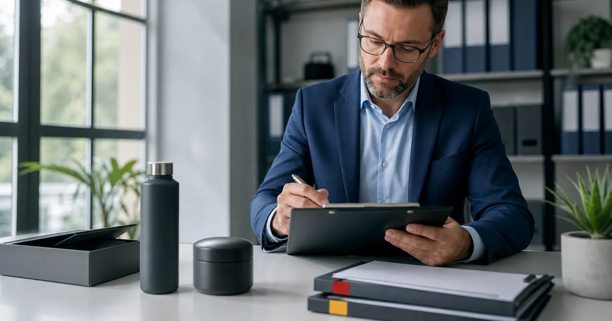 Profissional revisa documentos e amostra de produto em mesa de conformidade
