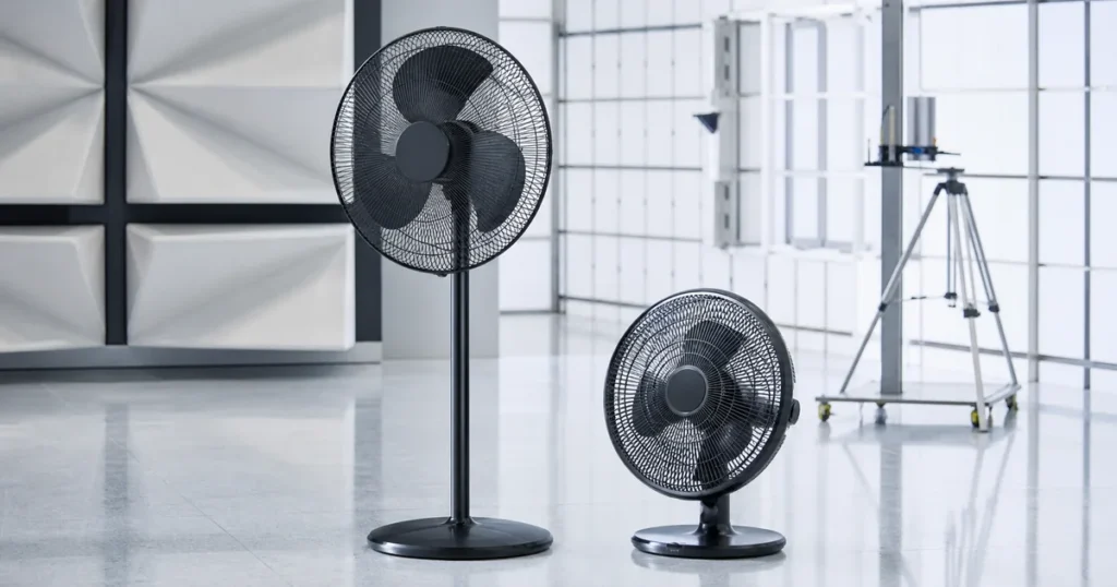 Ventilador de pedestal e ventilador de mesa em espaço de testes