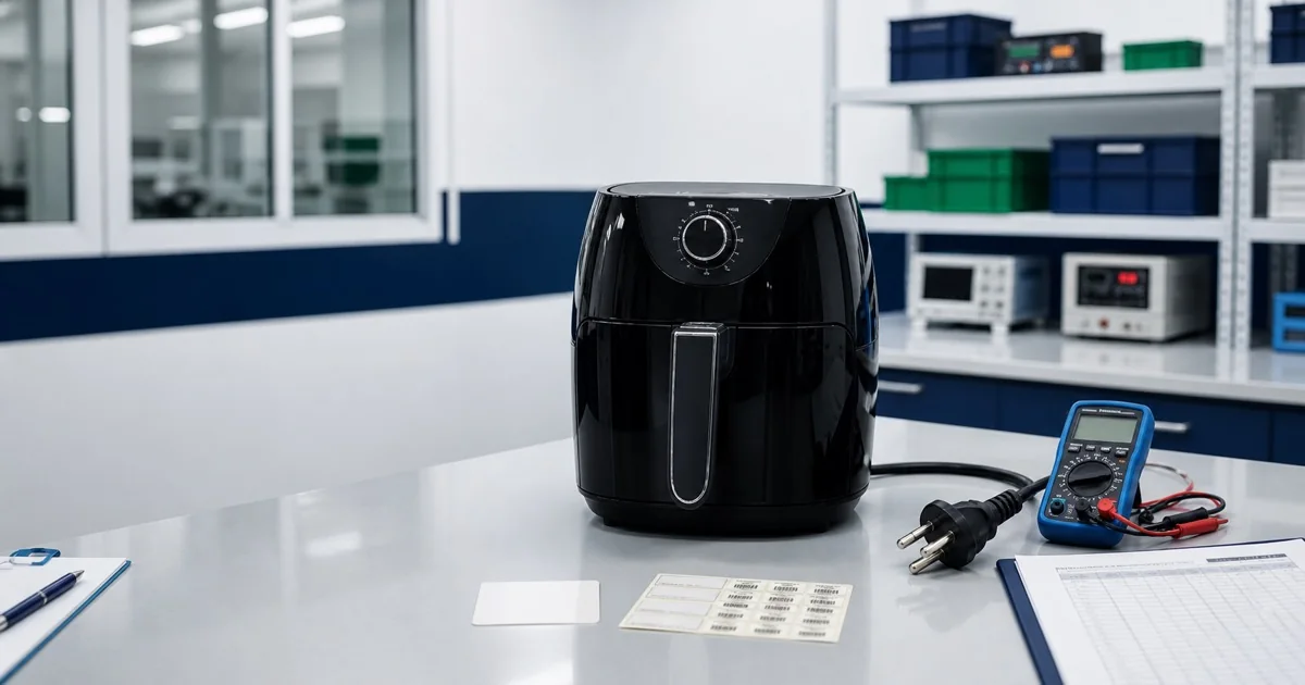 Air fryer em bancada de avaliação técnica com plugue, instrumentos e documentação