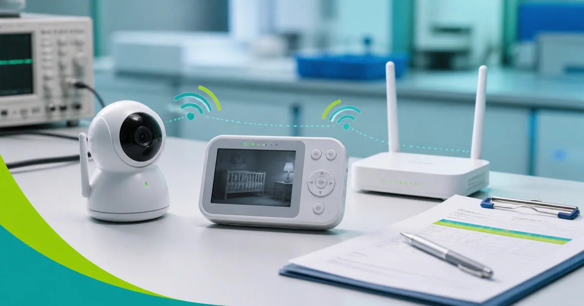 Babá eletrônica com câmera, monitor e roteador em bancada técnica