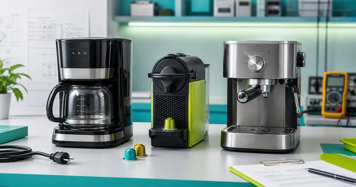 Cafeteiras de filtro, cápsula e expresso em bancada de avaliação técnica