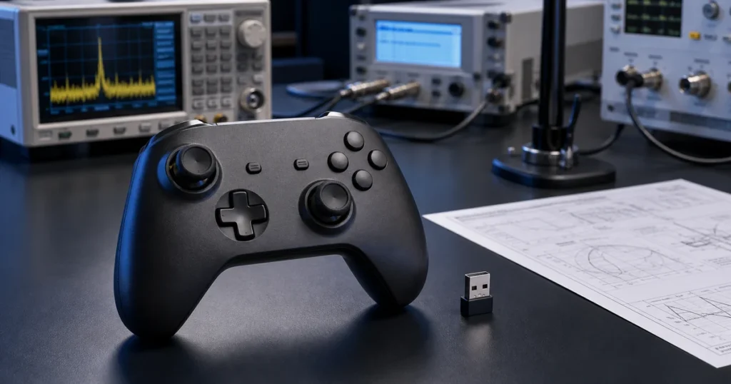 Controle gamer sem fio e receptor USB em bancada de avaliação de radiofrequência