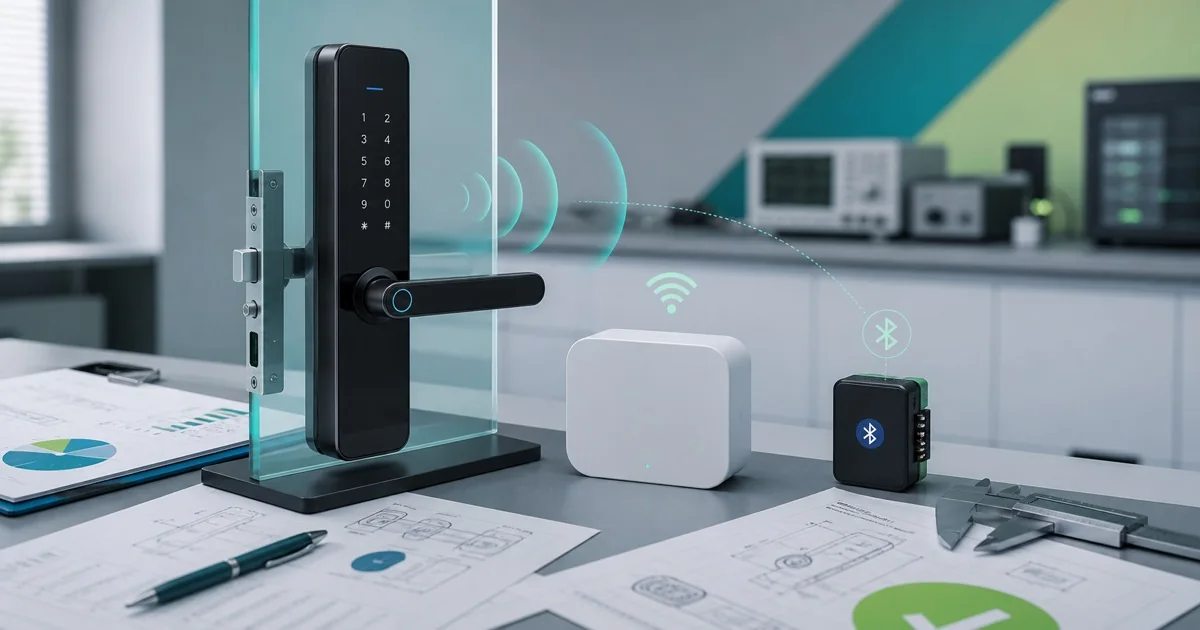 Fechadura digital, gateway e módulo sem fio em bancada técnica