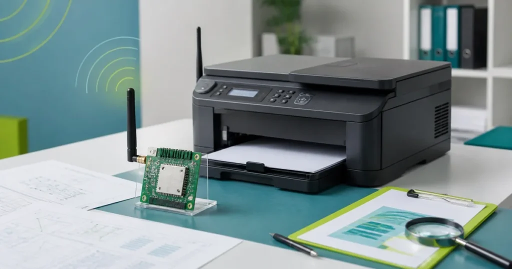 Impressora com Wi-Fi e módulo de radiofrequência em bancada técnica