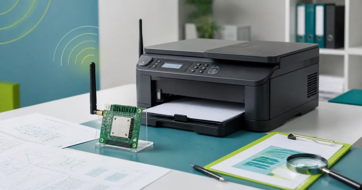 Impressora com Wi-Fi e módulo de radiofrequência em bancada técnica