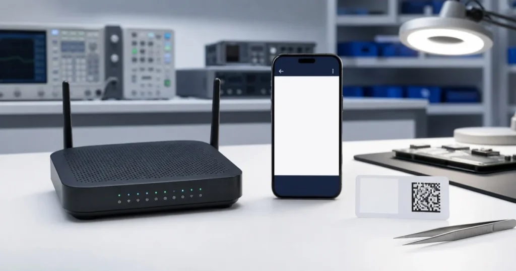 Roteador e celular em bancada de controle de marcação de produto