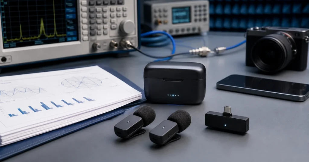 Kit de microfone de lapela sem fio com transmissor e receptor em bancada técnica