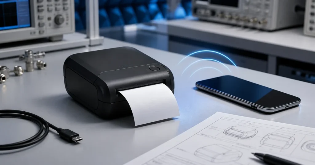 Mini impressora térmica Bluetooth ao lado de celular em bancada técnica